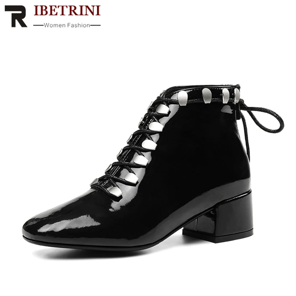 

RIBETRNI Brand New Big Size 33-43 Metal Decoration Patent Leather Women Shoes Woman Party Office Catwalk Autumn Ankle Boots
