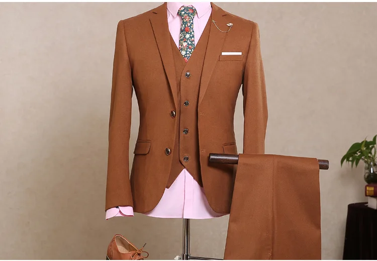 Khaki Men's Korean Slim Suit Business Casual Suit Set Business Wear Groom Wedding Dress Single Breasted Suit