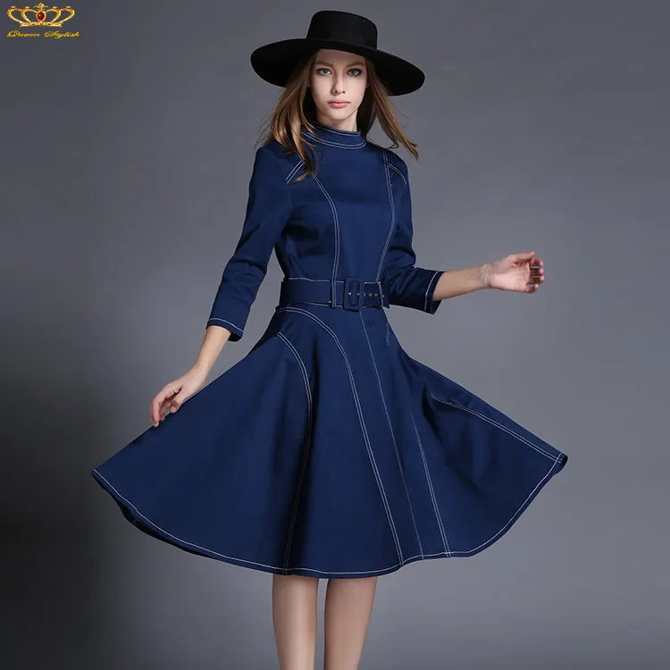 Elegant Women Winter Denim Dress 2015 Vestidos De Festa European Style