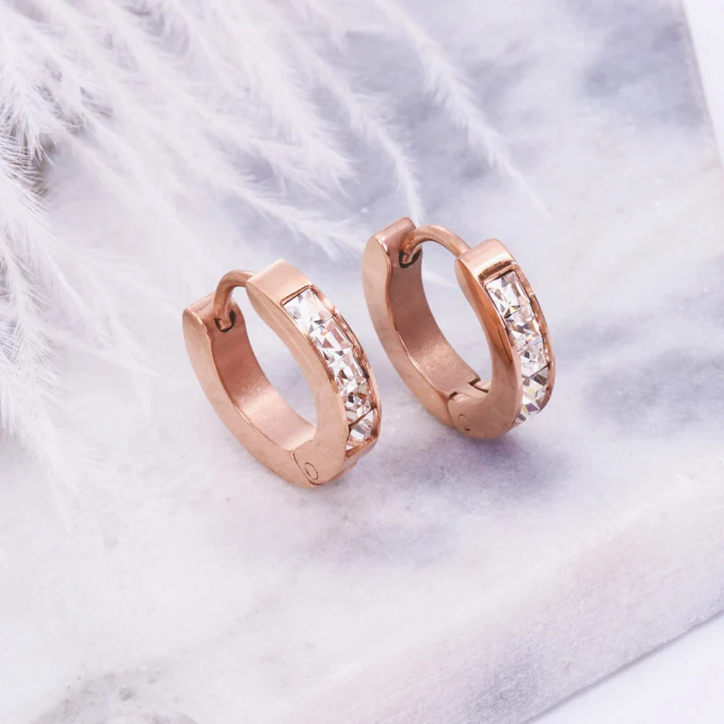 Rose Gold Titanium steel Circle Square Rhinestone Earring buckle For