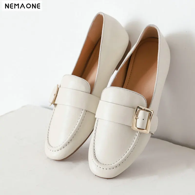 

NEMAONE Boat shoes women fashion genuine leather shoes buckle casual shoes round toe plus size 42 ladies flat