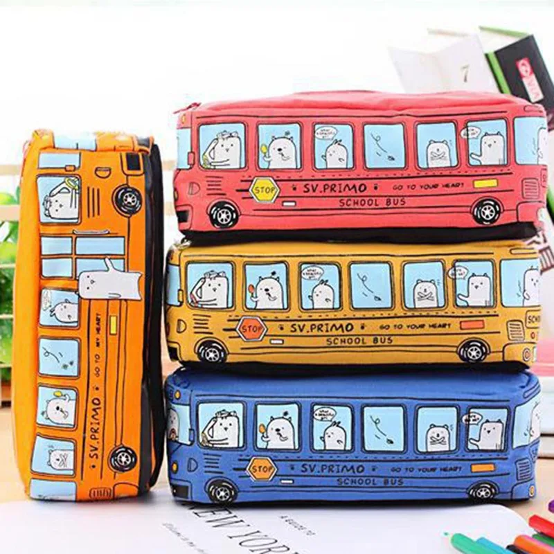 Creative Student Stationery Small Animal Bus Pencil Bag Bus Pencil Box Male And Female Canvas Large Capacity Pencil Case