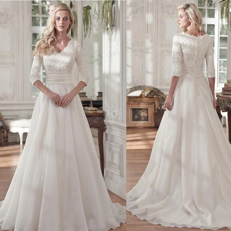 

Elegant Lace V-neck Neckline Half Sleeves A-line Wedding Dresses with Beaded Appliques Pleat Belt Sweep Train Bridal Dress