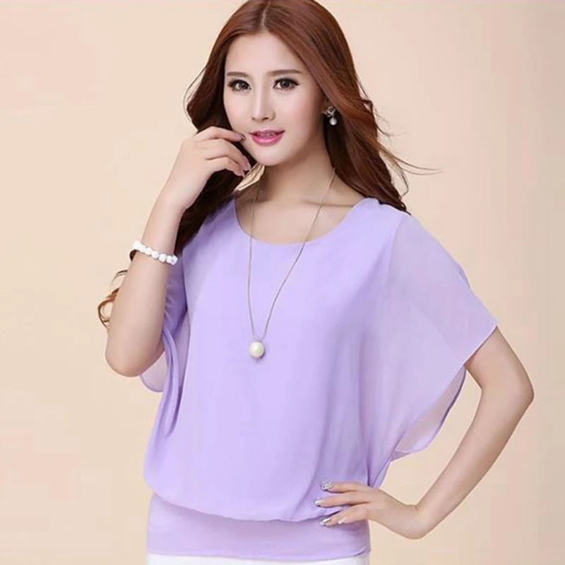 

New Womens Tops Fashion 2019 Women Summer Chiffon Blouse Plus Size Ruffle Batwing Short Sleeve Casual Shirt Black White Red Blue