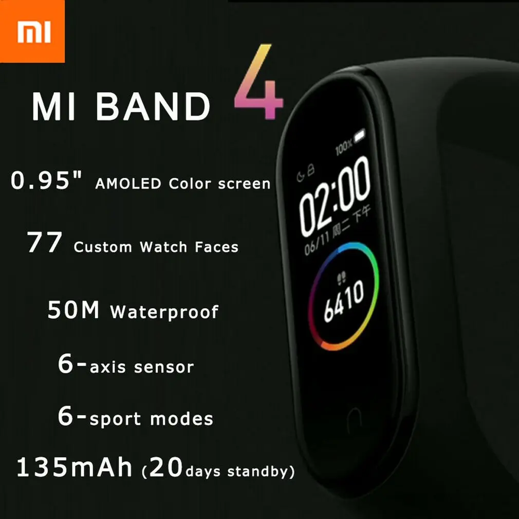 Xiaomi mi Band 4 глобальная Версия смарт-Браслет фитнес-трекер mi Band4 браслет 5ATM водонепроницаемый 0,96 "OLED экран пульс