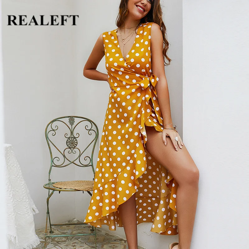 

REALEFT New Arrival Summer Polka Dots Bohemian Midi Dresses Beach V-neck High Waist Sleeveless Split Ruffles A-Line Tank Dresses