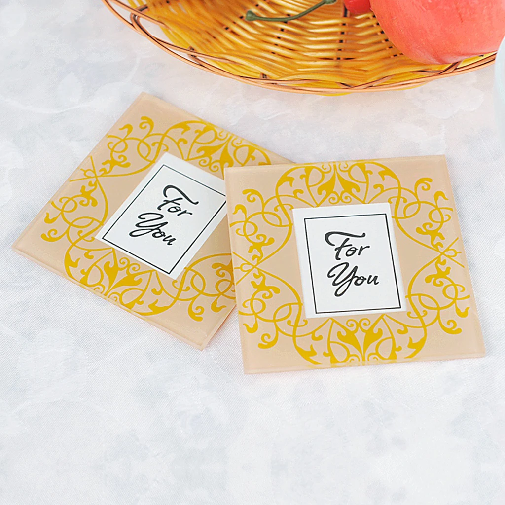 2Pcs Gold Glass Coaster Picture Photo Frame Cup Mat Business Style Coffee Cup Saucer Table Desktop Placemat Small Tray 