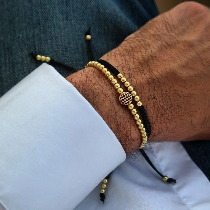 

Gold Couple Bracelet Set Beads Men Bileklik Jewelry Adjustable Bracelets For Women Pulseira Masculina CZ Ball Armband Bangles