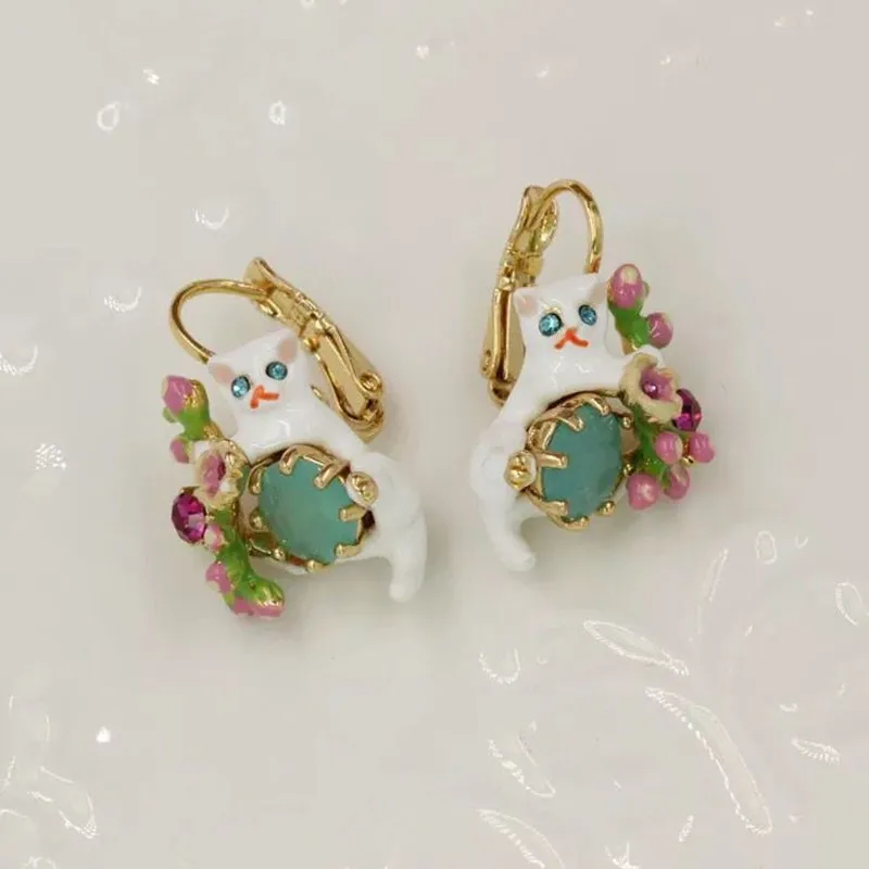 

2018 Amybaby Handmade Luxury Womens Enamel Glaze Green Stone Flower Cute Cat Hook Drop Earring Jewelry For Party
