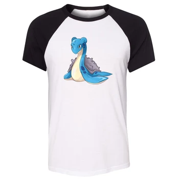iDzn Unisex Summer T-shirt Cartoon Pokemon Lapras water type ice type Art Pattern Raglan Short Sleeve Men T shirt Print Tee Tops gauzy raglan sleeve crane pattern tied dress