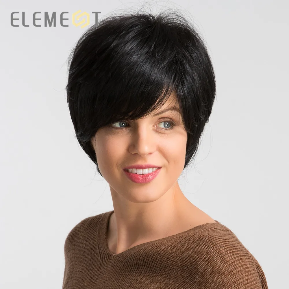 ELEMENT " короткий синтетический парик натуральный черный цвет смесь 50% человеческих волос левая сторона пробор Glueless Pixie Cut парики для женщин