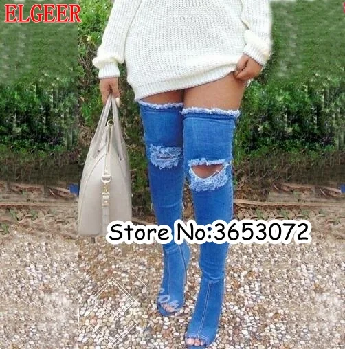 

Jeans Hollow Out Peep Toe Thin Heels Woman Boots Thigh Heels Stiletto Gladiator Lady Pumps Denim Long Boots Shoes botas mujer