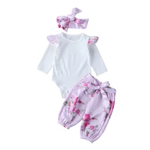 3 шт. Ползунки с оборками для новорожденных девочек+ штаны с цветочным рисунком+ Набор резинок для волос