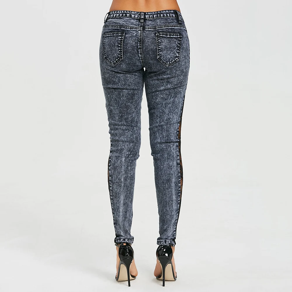 woman's Jeans Women Plus Size Sheer Lace Side low Waist Jeans Slim casual Skinny Lace Panel pencil Denim cowboy Lace pants Jeans