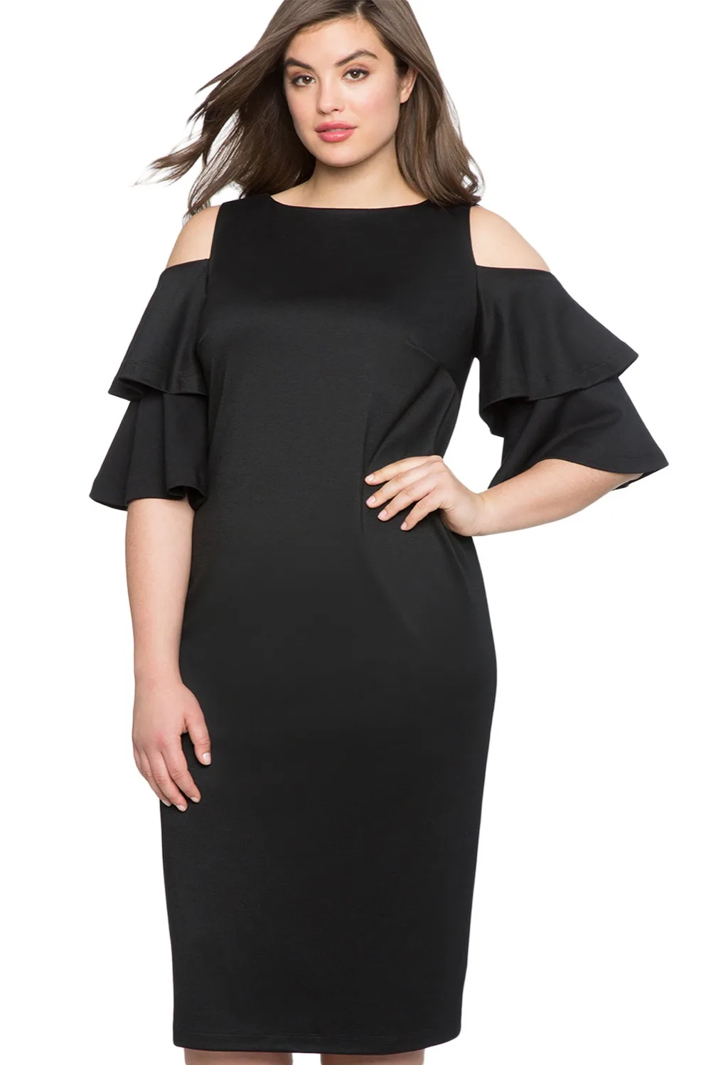 Black-Plus-Size-Flounce-Sleeve-Cold-Shoulder-Dress-LC610319-2-1
