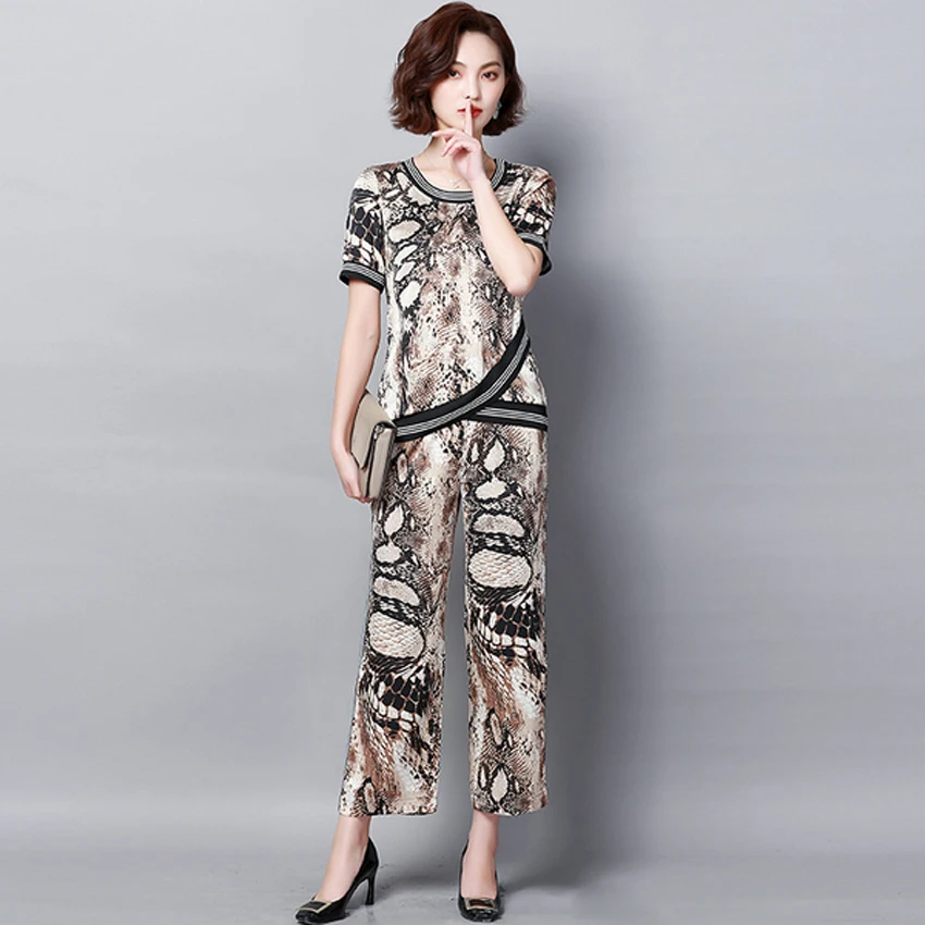 

2019 summer two piece matching co-ord set outfits tracksuits for women plus size large wide pants suits and top print clothing