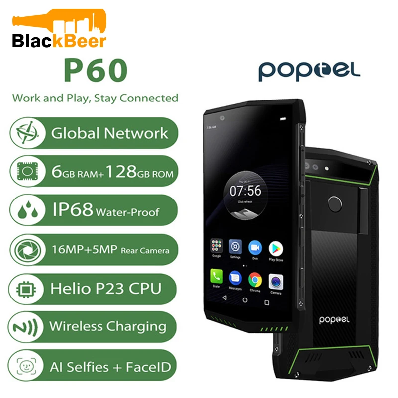 Poptel P60 4G LTE 5,7 дюймов мобильный телефон Android 8,1 прочный смартфон 6 ГБ 128 ГБ 5000 мАч NFC лицо ID Телефон IP68 водонепроницаемый