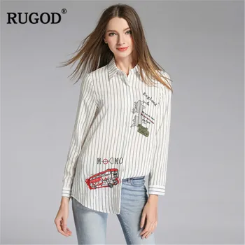 

RUGOD spring 2019 New Fashion Women Print cartong shirt gray striped long sleeve blouses turn down collar shirt