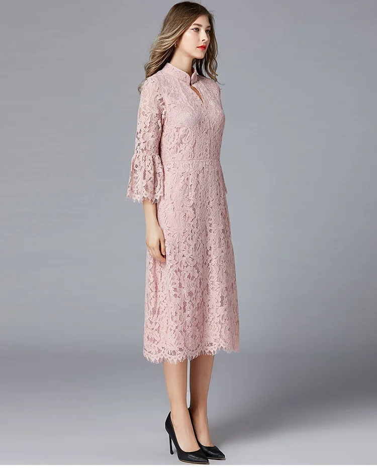 Женское платье размера плюс L-5XL, винтажное элегантное кружевное платье со стоячим воротником, розовое Открытое платье 3/4 с расклешенными рукавами, облегающее и расклешенное платье миди, вечерние платья