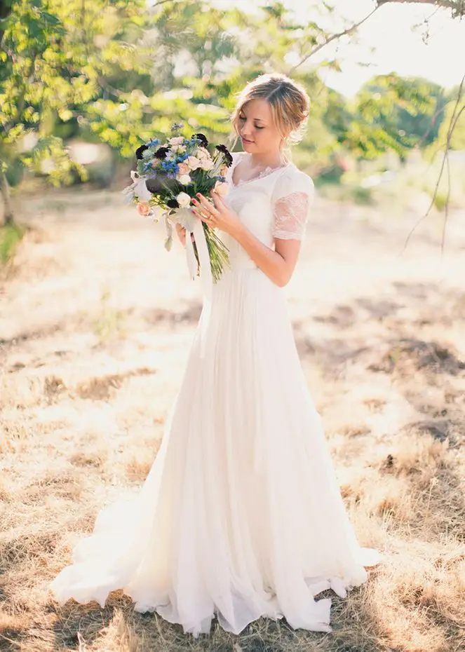 Simple 2018 Scoop Short Sleeve Cover Back Sweep Train Lace A-line Bridal gown vestido de noiva mother of the bride dresses
