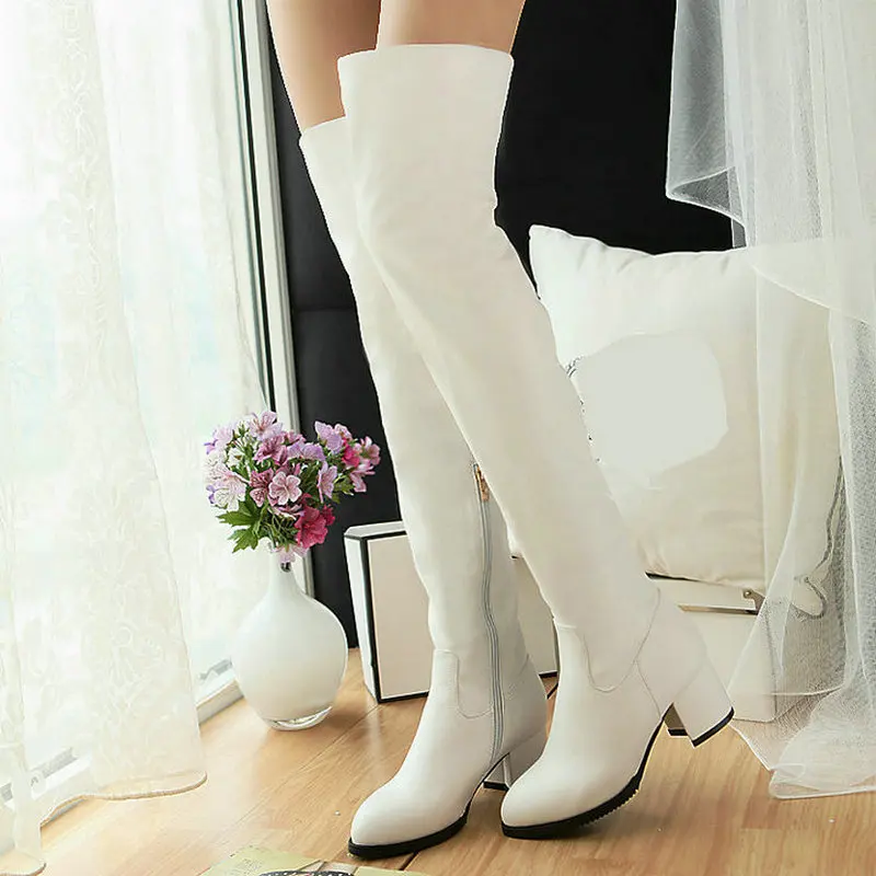 Women Winter Warm Fur Over the Knee Boots Thick High Heels Zipper Thigh ...