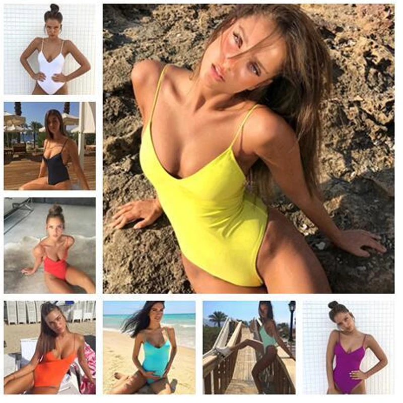 

2019 One Pieces Swimsuit Women Vintage Bodysuit Bather Female Bathing Suit High Cut Bikini Thong Monokini Swimwear Red Yellow