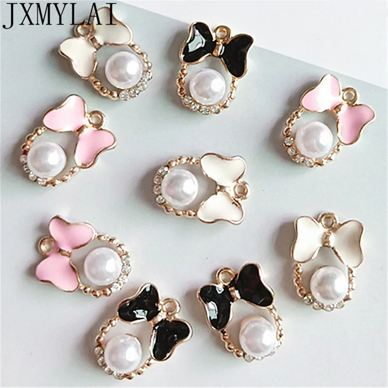 

10 PCS 13*18mm Trendy Metal Alloy Crystal Imitation Pearl Bowknot Pendant Charms Earrings Hair Accessories DIY Jewelry Findings
