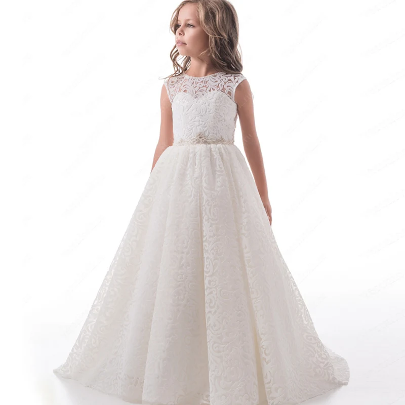 

White Flower Girl Dress A-Line Elegant Satin Appliques Sleeveless Princess Party Pageant First Holy Communion Dresses