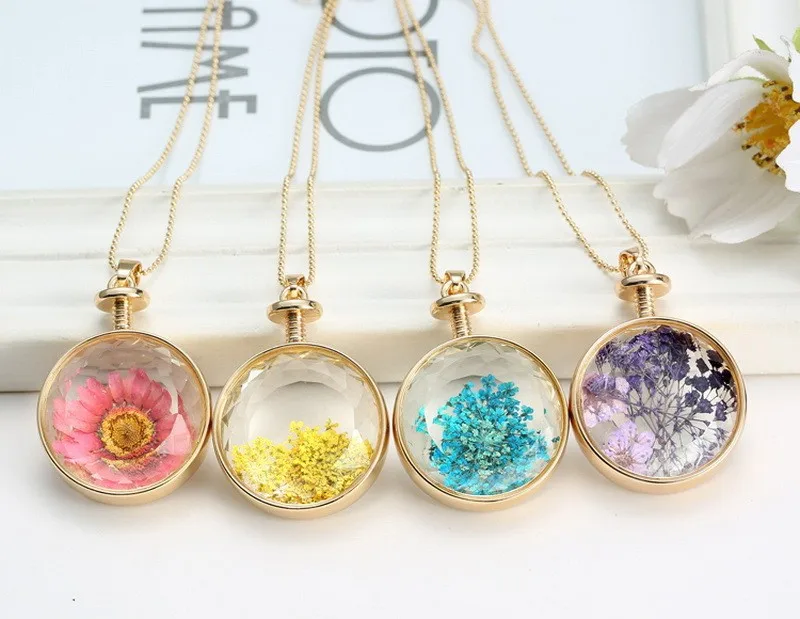 Fresh Pressed dried real Flowers Pendant Necklace jewelry