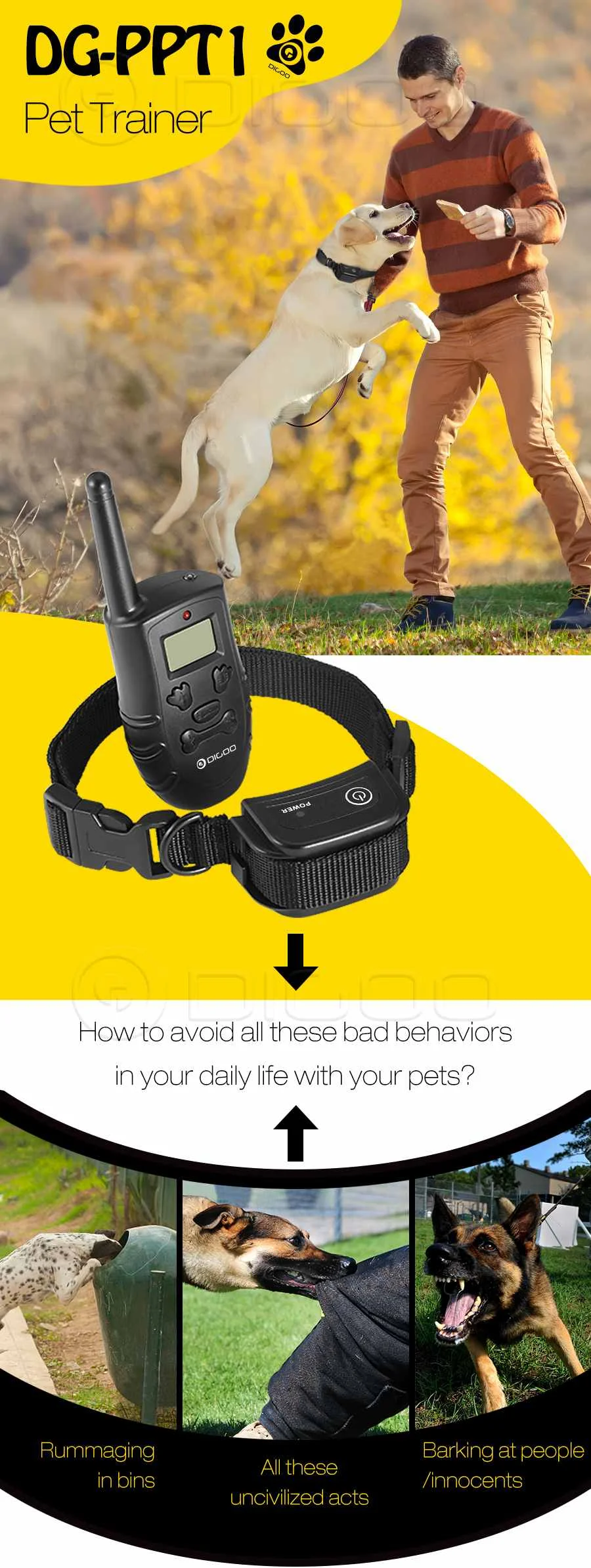 Digoo DG-PPT1 Rechargeable Trainer Waterproof Stop Barking Collars Remote Dog Training Collar