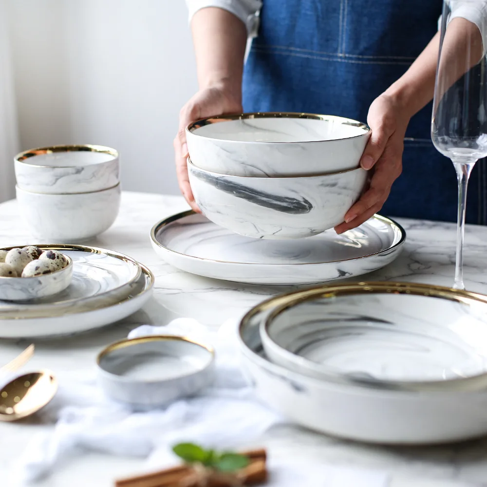 Скандинавские мраморные десертные поднос золотые столовые приборы Золотые Столовые приборы посуда и тарелки лапша суп чаша для риса Рождественский ужин тарелка