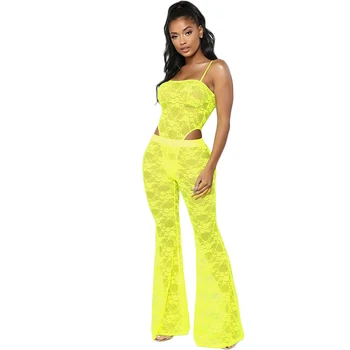 

2019 Sexy Lace Suit Female Neon Green Transparent Two Piece Set Bodysuit And Pants Sleeveless Skinny Tracksuit Beach Women Sets