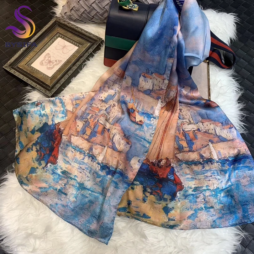 [BYSIFA] Стиль масляной живописи женские длинные шарфы весна осень бренд приморский город дизайн хаки синий чистый шелк шарф шаль