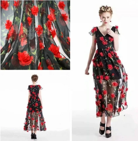 

New summer black white three-dimensional flower embroidery lace fabric 130cm chiffon lace dress clothing diy accessories