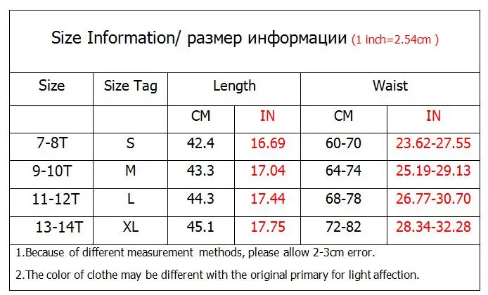 Size table for boys shorts