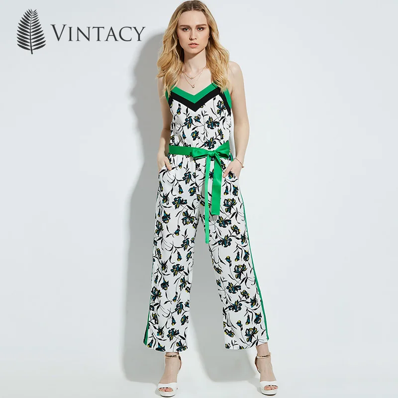 Vintacy 2018 women summer green Jumpsuits beach v neck casual vacation Jumpsuits backless Wide