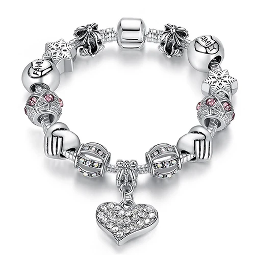 BELAWANG роскошный цвет серебра талисман браслет и браслет с сердечком Кристалл бусины браслет для женщин Свадьба Рождество ювелирные изделия - Окраска металла: PS3307