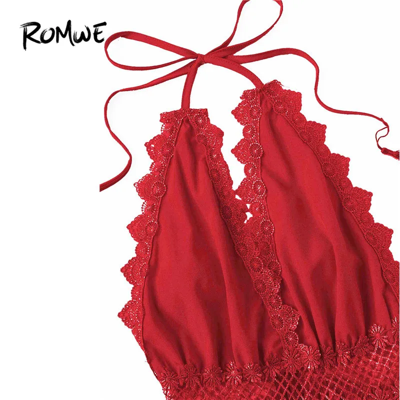 ROMWE Red Lace Trim Sexy V Neck Backless Fringe Halter Rompers Women Open Back Mid Waist Short Straight Leg Summer Playsuits