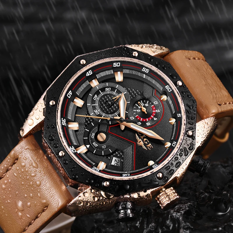 LIGE Mens Watches Top Brand Luxury Quartz Gold Watch Men Casual Leather Military Waterproof Sport Wristwatch Relogio Masculino