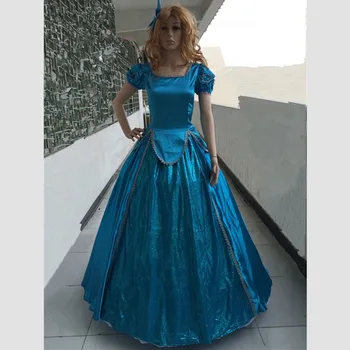 

2016 New Blue Satins Cinderella Dress Adult Princess Cinderella Cosplay Dress Costume Customized Long Style Costume Dress