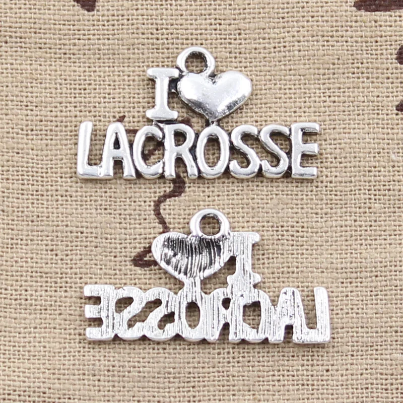8pcs Charms I Love Lacrosse 17x30mm Antique Silver Color Plated