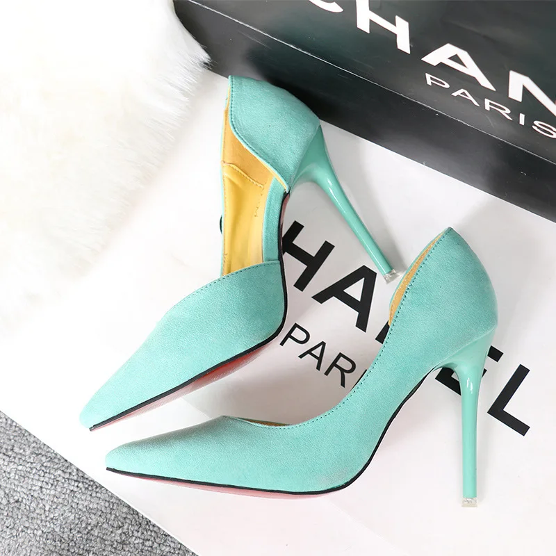 

Fashion Simple Stiletto High-heeled Suede Was Thin Shallow Mouth Pointed Side Sexy Hollow Women Shoes High Heels Wedding Shoes