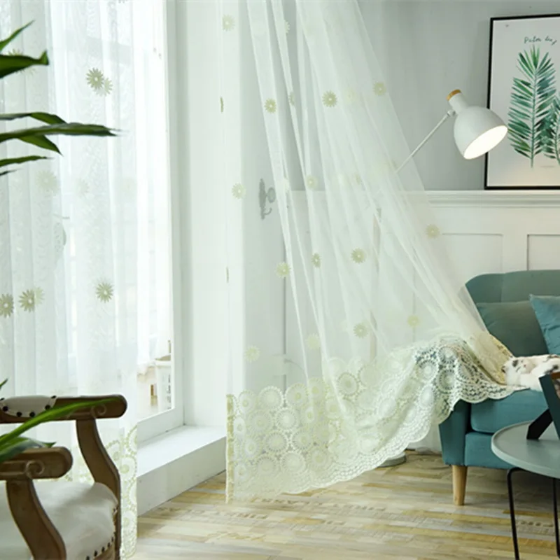 

Sun Flower Embroidered Voile Curtain for Living Room Lace Fabric Customize Window Screen Drapes M074C