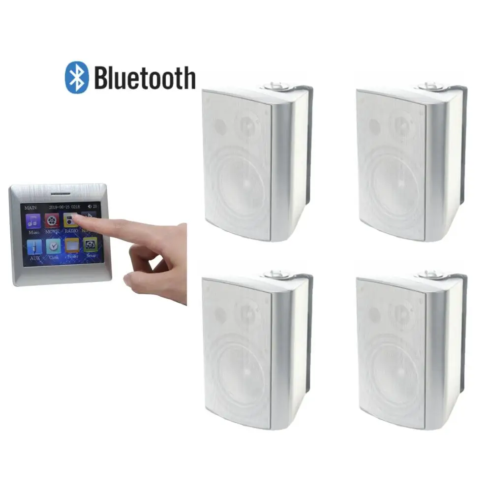 

Touch screen bluetooth wall amplifier with Wireless Remote Control and 4 pieces of ABS wall speakers, Supports USB/SD/AUX/FM/BT