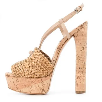 

New Arrivals Wooden Platform Womens Square Heel Sandals Peep Toe Ankle Strap Peep Toe Braid Chunky Heels Gladiator Sandals Women