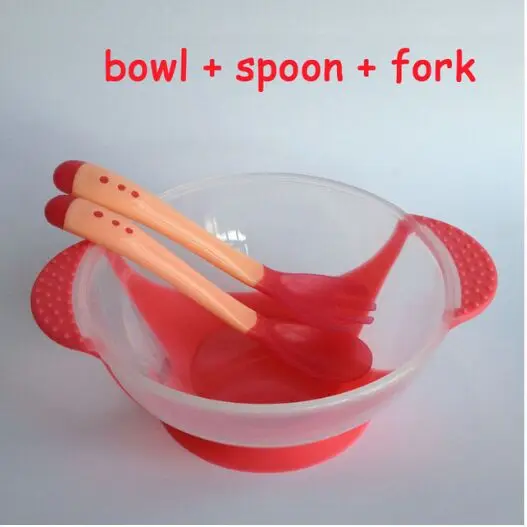 Набор детской посуды, ложка для кормления с чувствительным температурой, детская миска для еды, обучающая посуда, тарелка для обслуживания/поднос, всасывающая кормушка-чашка - Color: 3 PC Red