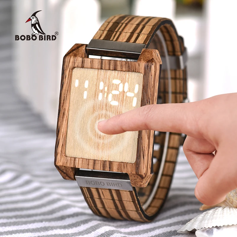 

BOBO BIRD Touch Panel Digital LED Display Men Watch Women Watches relojes para hombre with Wood gifts Box Relogio Masculino