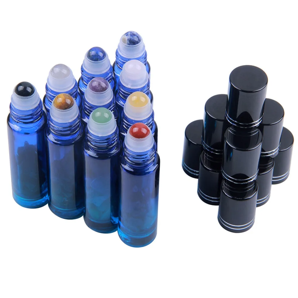 10pcs Natural Chips Gemstones Roller Bottles 10ml Portable Refillable Essential Oil Roll On Color Glass Black Caps | Дом и сад