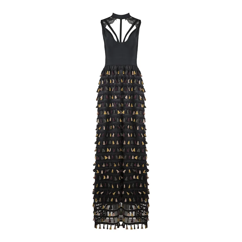 Maxi Noble Party Hl Celebrity 2018 Dentelle Femmes Évider Robe Gland Patchwork Manches Bandage Nouveau Robes Sans En cou O Black qIBBFw