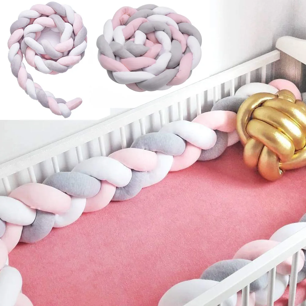 Shoze Baby Infant Plush Crib Bed Bedding Cot Braid Pillows Pad Bed Guards for Toddlers,Braided Cot Bumper 2M Pink